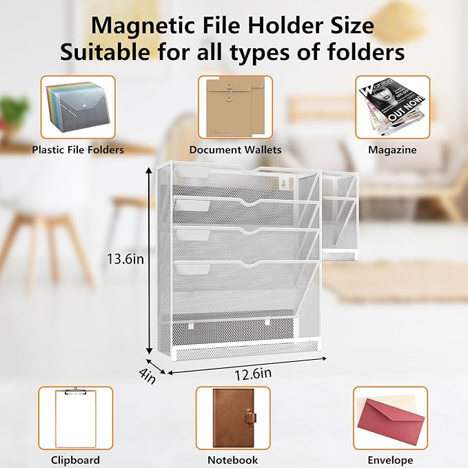 Magnetic File Holder, Magnetic File Organizer Wall Mount, 5 Tier Hanging Mail Organizer Folder Holder, Mesh Desk Accessories and Organizers, Paper Document Magazine Rack with 3 Pen Holder
