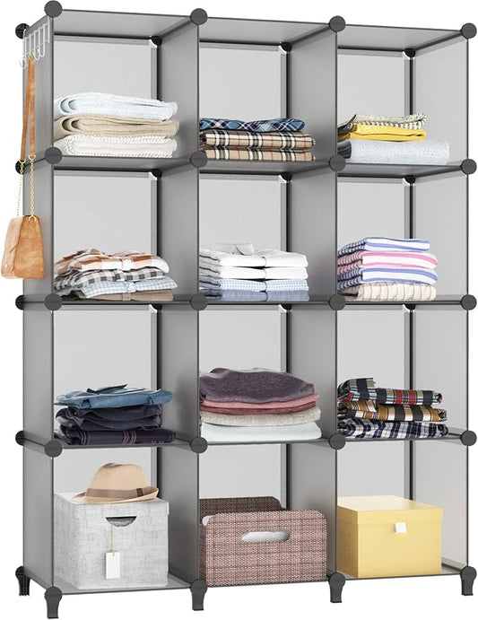 HOMIDEC Closet Organizers and Storage, 12 Cube Storage Organizer, Grey | Portable Closet Shelves Clothing Storage Closet Organization for Kids, Closet, Bedroom, Bathroom, Office