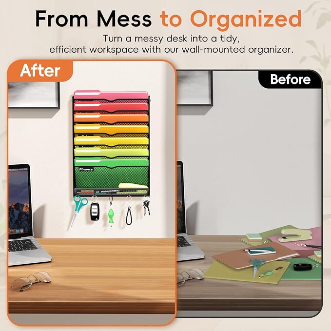 2Pack 8-Tier Wall File Organizer with Hook, Hanging File Organizer Black | Wall-mounted mail storage holds papers, folders, files, clipboards and magazines, assembly required for office or home use.