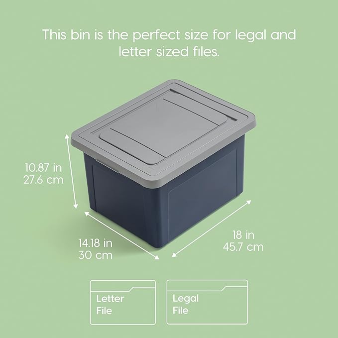 IRIS USA 35 Qt. Letter/Legal File Box with Latching Lid, Navy/Gray | Protect important documents, letter and legal files with secure storage for home offices, moving, and long-term organization