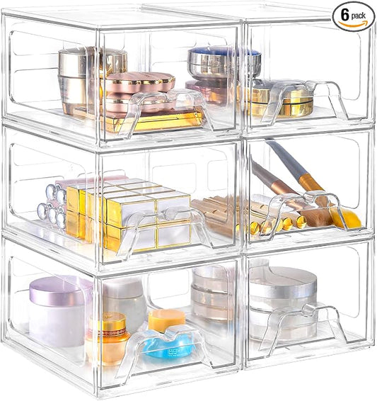 6 Pack Stackable Storage Drawers,Makeup Organizer with Pull-out Drawer | 4.4'' Tall, Acrylic Clear Plastic Storage Bins for Vanity,Pantry,Desk,Undersink,Kitchen,Bathroom