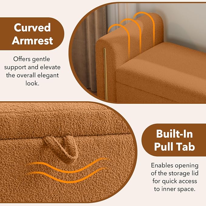 52" Flip-Top Storage Ottoman Bench, Teddy Entryway Bench (Coffee) | Teddy Fleece Upholstered End of Bed Bench with Armrests, Soft Padded Window Bench for Living Room Bedroom Entryway