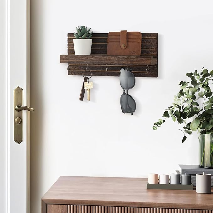 Lwenki Decorative Key Holder for Wall with Shelf, Entryway Shelf with Hooks Holds Leashes, Jackets and Glasses – Sturdy Wood Keyholder Entrance Hanger with Mounting Hardware (Brown, Medium)