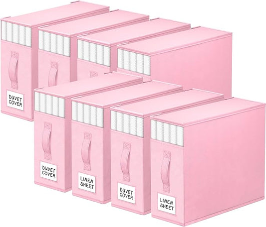 StorageTastic 8 Pack Bed Sheet Closet Organizers and Storage,Sturdy Foldable Storage Containers with Window and Label,Storage and Organization for Bedding Sheets,Duvet Covers,Blankets (Pink)