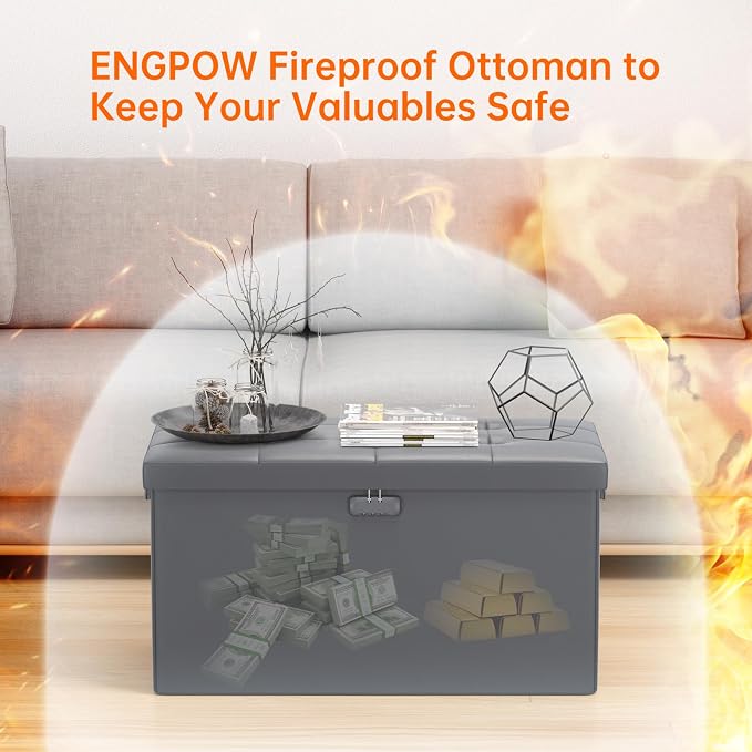 ENGPOW Storage Ottoman Bench,Fireproof Folding Bench with Lock,30 Inches Fire＆Water Resistant Storage Chest Foot Rest Stool Leather Bedroom Ottoman Safe for Documents,Valuables, Grey