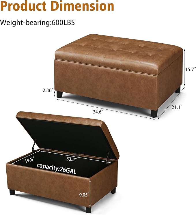 Joveco Rectangular Lift Top Storage Ottoman Bench, Faux Leather Storage Bench for Living Room Entryway Bedroom, Ochre Yellow