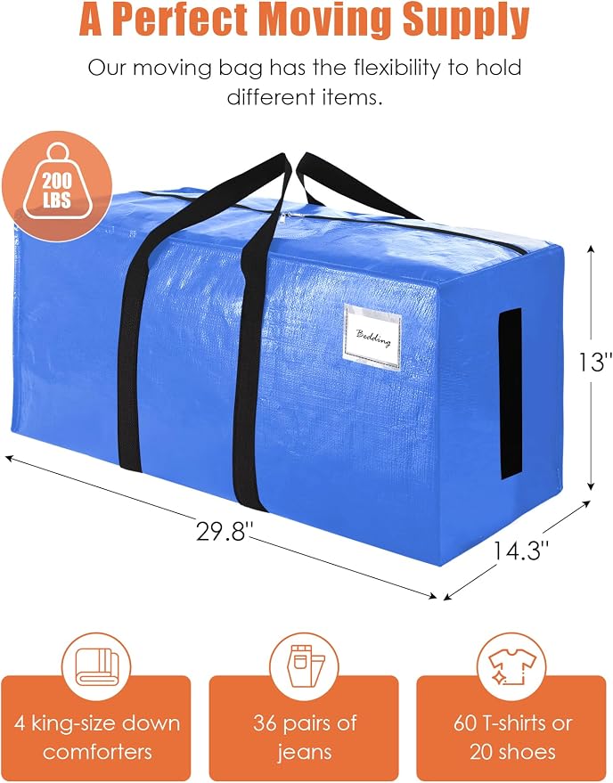 SWEET DOLPHIN 12 Pack 200LB Heavy-Duty Moving Bags with Wrap-Around Handles, Extra Large Storage Totes for Space Saving, Clothes Storage Bags, College Dorm Essentials, Multicolor, 24 Gal