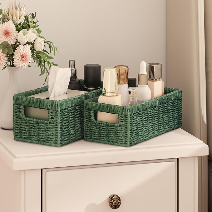 Wicker Storage Basket, 2-Pack Paper Rope Wicker Baskets with Handles, Toilet Paper Basket for Toilet Tank Top, Small Wicke Baskets for Organizing Decor Storage Bins for Shelves, Green
