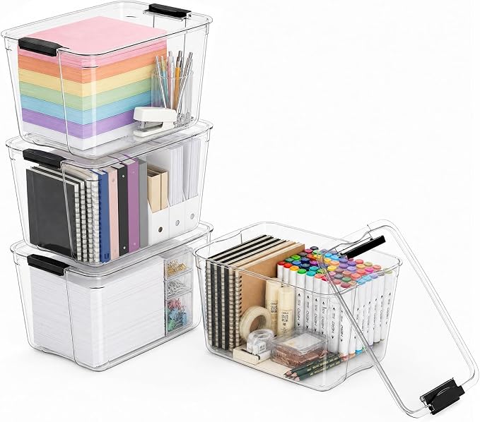 108Qt Stackable Storage Bins with Lids,Clear Latching Organizer Boxes,4Pack | Craft Box with Buckle Clips, Dustproof Durable Storage Containers for Closet Organization, for Office, Arts & Crafts Supplies