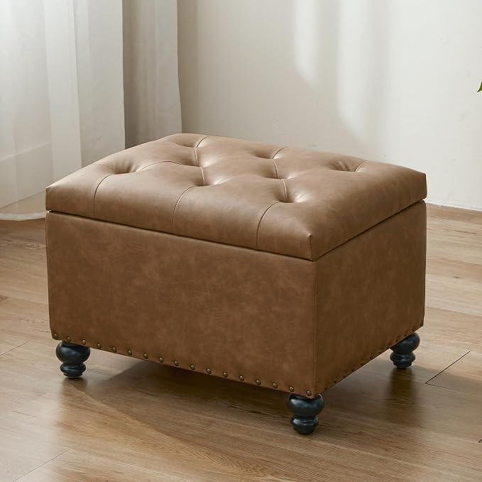 Zihanhome Leather Ottoman with Storage, Upholstered Button Tufted Ottoman Foot Rest, Foot Stools, 24" Rectangle Ottomans with Storage for Living Room, Bedroom, Dorms and Apartments (Caramel Brown-PU)