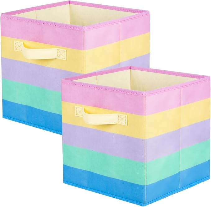 PowerKing Collapsible Storage Cubes, Farbic Storage Bins, Rainbow, 2 Pack | Sturdy, Lightweight, Easy Pull Handle, Closet & Shelf Organizer, Clothes and Toys Storage, 10.5'' x 11'' x 10.5''