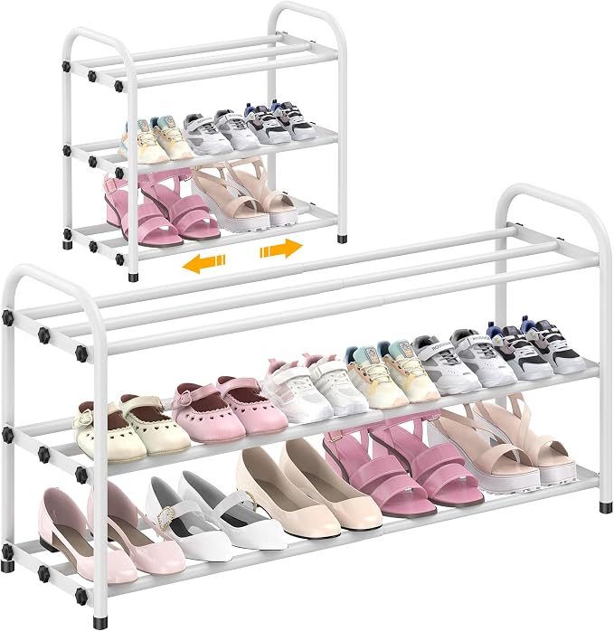 Hleelomi 3-Tier Metal Expandable Shoe Rack for Closet and Entryway, White | Adjustable Shoe Organizer for Closet,Living Room,Dorm,Garage,Fits Small Spaces, Apartments and Rentals