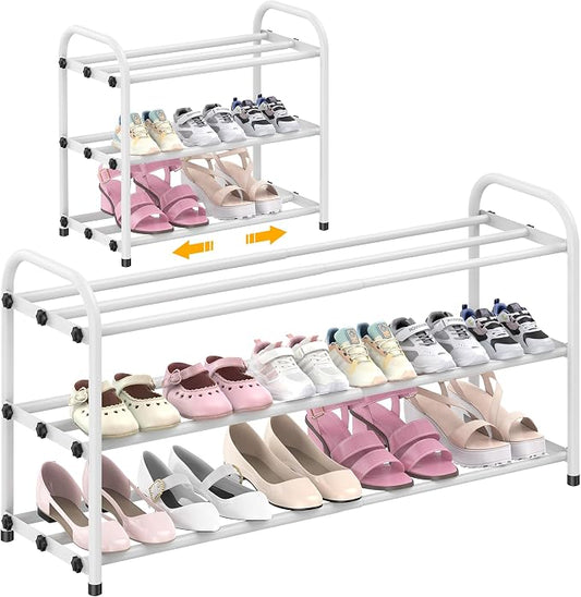 Hleelomi 3-Tier Metal Expandable Shoe Rack for Closet and Entryway, White | Adjustable Shoe Organizer for Closet,Living Room,Dorm,Garage,Fits Small Spaces, Apartments and Rentals