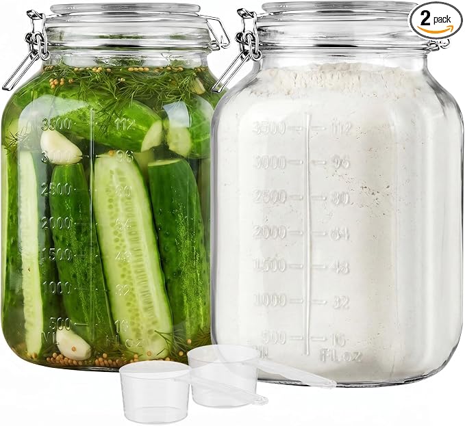 Vtopmart 1.1 Gallon Glass Storage Jars with Airtight Clamp Lids, 2 Pack | 140oz Square Canisters with Wide Mouth, Measurement Marks, Large Food Container for Flour, Sugar, Rice, Pickling, Fermenting