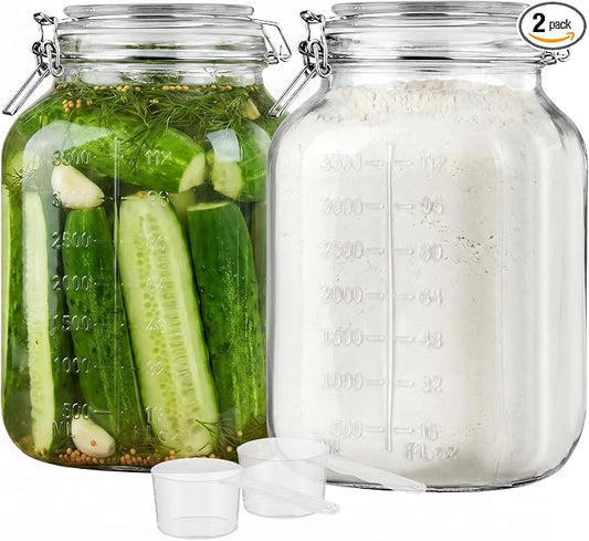 Vtopmart 1.1 Gallon Glass Storage Jars with Airtight Clamp Lids, 2 Pack | 140oz Square Canisters with Wide Mouth, Measurement Marks, Large Food Container for Flour, Sugar, Rice, Pickling, Fermenting