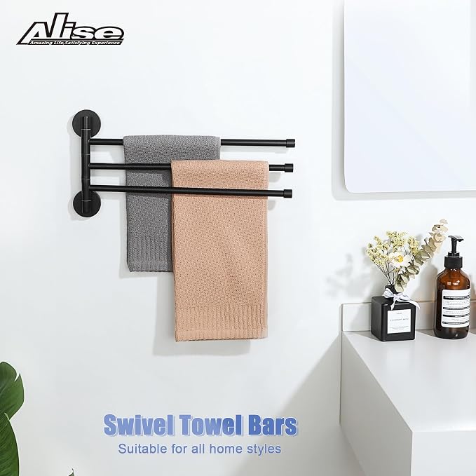 Alise 3 Arm Swivel Towel Rack, Matte Black Swivel Out Towel Bar, 13.9 Inch | Space Saving Swing Arm Towel Rack for Bathroom Kitchen Outdoor, 180° Rotating, SUS304 Stainless Steel