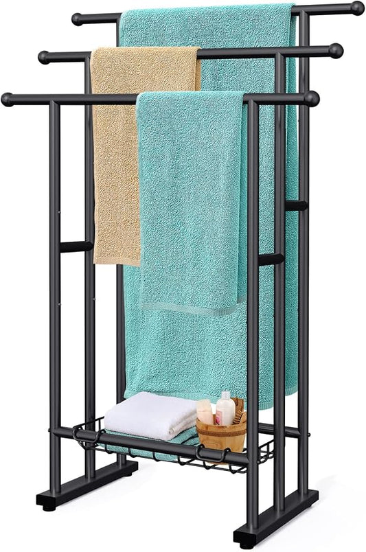 Kayfia 40'' Freestanding 3 Tier Alloy Steel Towel Rack with Storage Basket | Dual-Use Drying & Display Rack, Holds Oversized Bath Towels & Blankets, Fits Bathroom, Tub, Shower, Poolside, Black
