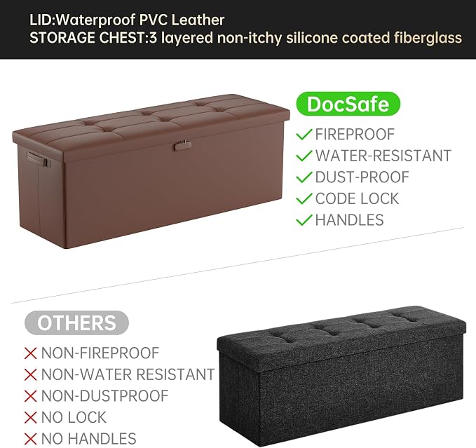 DocSafe Storage Ottoman Bench,Fireproof＆Waterproof Folding Bench with Lock(15”x 43”x15”),Leather Storage Chest with Handles＆2 Extra Boxes,Ottoman Safe for Bedroom,Living Room,Home Office,Brown