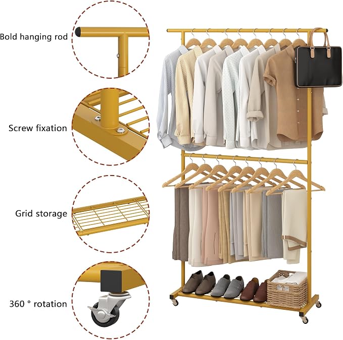 Sywhitta Double Rod Metal Clothing Rack on Wheels with Bottom Mesh,Gold | Rolling Garment Organizer, for Hanging Clothes,Coats,Easy to Assemble,Space-Saving,Mobile Organizer for Closet