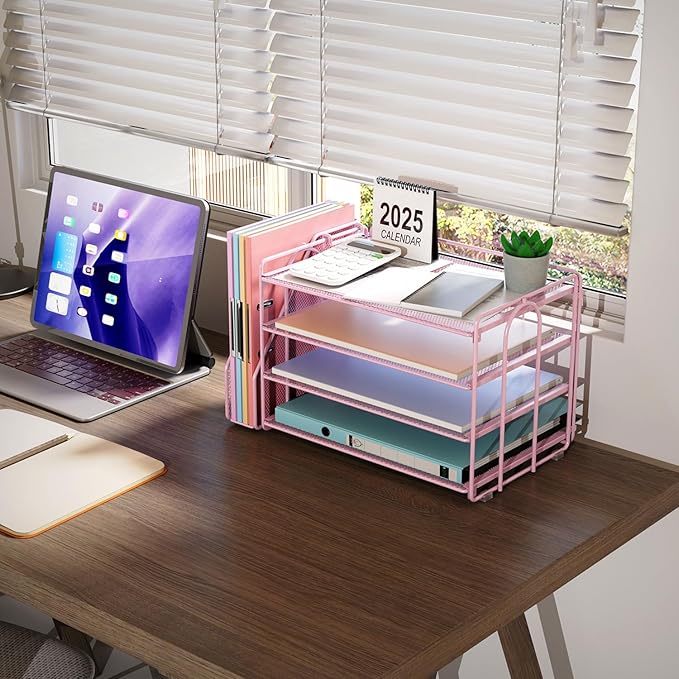 gianotter 4-Tier Paper Organizer With Magazine Holder, Desk Organizers and Accessories, Desk Accessories & Workspace Organizers, File Organizer for Office Supplies Storag (Pink, 4-Tier)