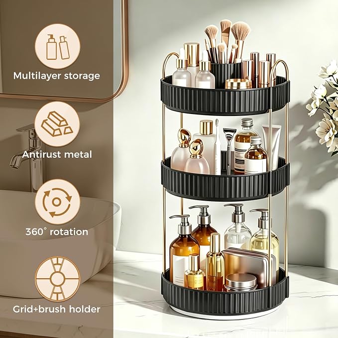 360° Rotating Makeup Organizer, Upgraded 3 Tier Skincare Perfume Organizers for Women, Bathroom Organizer Countertop, Clear Cosmetic Dresser Organizer with Makeup Brush Holder, Sink&Counter(Black)