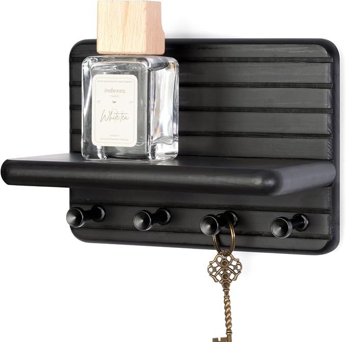 Rebee Vision Key Holder Wall Mount with 4 Key Hooks for Room Decor, Black | Pine Wood, Key Holder for Wall, Mini Floating Shelf, Mail Organizer, Plant Display, Small-Space Storage, Neat Home Essential