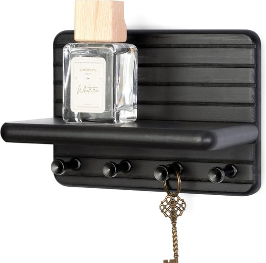 Rebee Vision Key Holder Wall Mount with 4 Key Hooks for Room Decor, Black | Pine Wood, Key Holder for Wall, Mini Floating Shelf, Mail Organizer, Plant Display, Small-Space Storage, Neat Home Essential