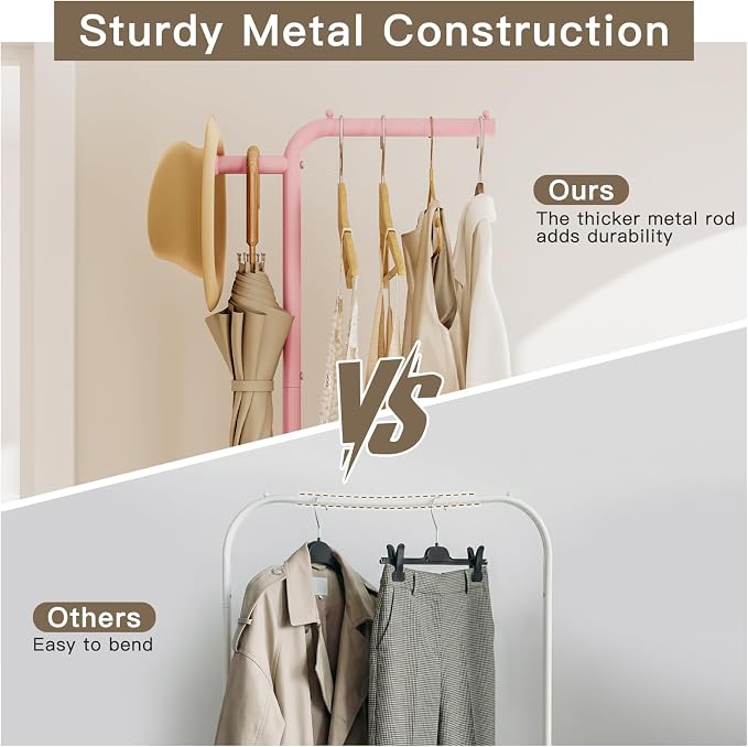 Small Rolling Clothing Rack with Shelf, Narrow Clothes Rack with Wheels | Gasvadivum 71" Tall Sturdy Metal Garment Rack with Hanging Rod, Freestanding Portable Coat Rack for Bedroom, Entryway, Pink