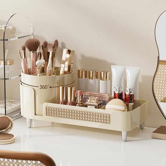 Booklov Rotating Makeup Organizer for Vanity Countertop, Cream | Plastic Cosmetic Display Case, Large Beauty Brush Holder for Bathroom Counter, Skin Care Perfumes Storage