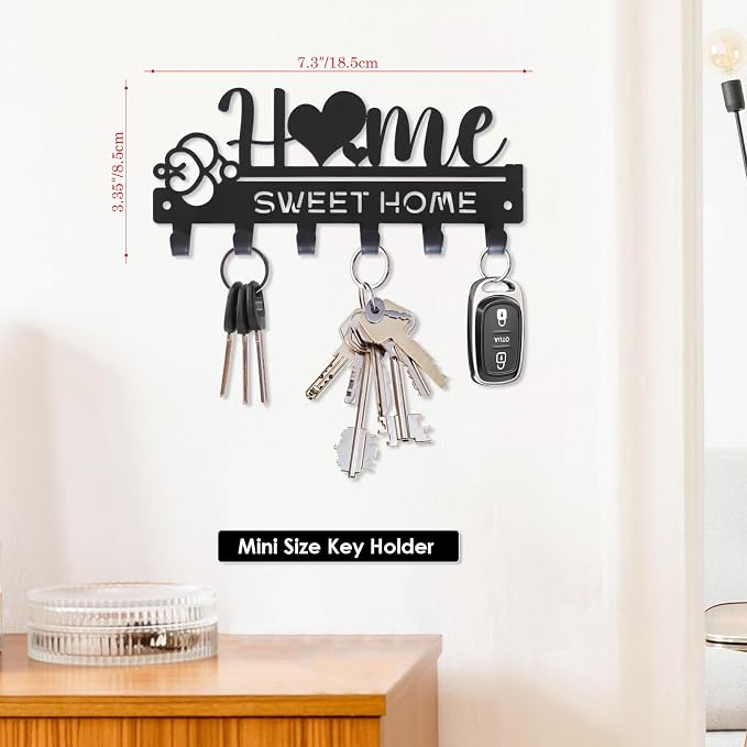 “Home Sweet Home”Key Holder wall Mount(Mini Size:7.3x3.35inches) | Simple Metal Decorative Key Hooks Rack for Entryway Front Door Hallway Garage Office