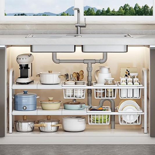 Under Sink Organizer，2 Tier Expandable Heavy Duty Metal Shelf，with 5 Removable Panels and 5 Storage Basket for Under Kitchen Bathroom Sink Organizers and Storage(White, Large)