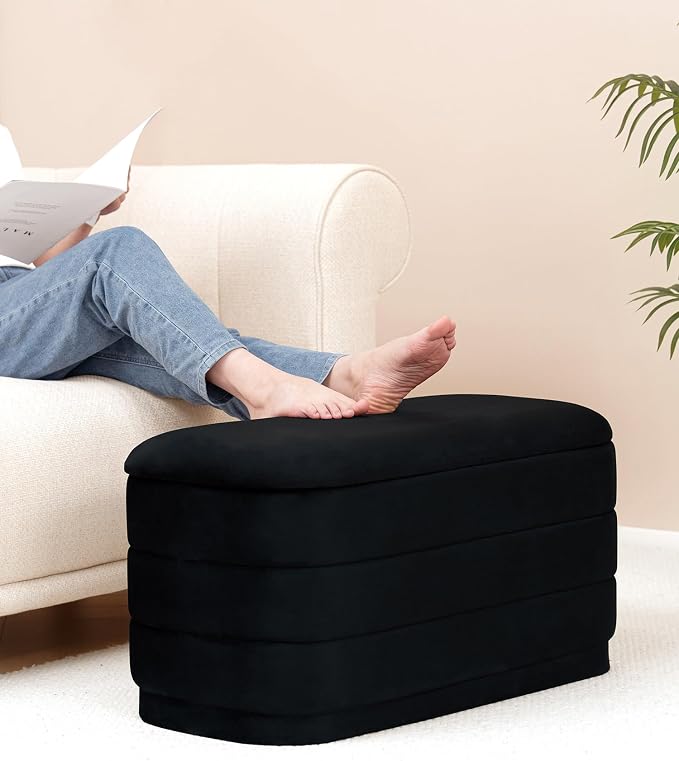 B FSOBEIIALEO Velvet Storage Ottoman with Tray, Folding Ottoman with Storage Coffee Table Shoes Bench for Dorm Room, Living Room Black, 30"x15"x15"