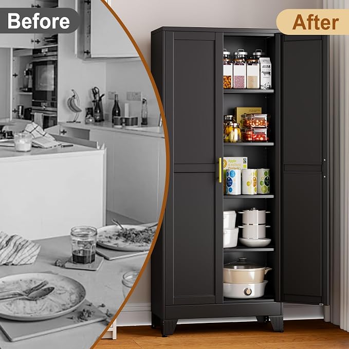 71" Black Metal Storage Cabinet with 2 Doors and 4 Adjustable Shelves,Steel Garage Tool Cabinet, File Cabinet,Kitchen Pantry Cabinet for Home,Office,Garage,School,Warehouse