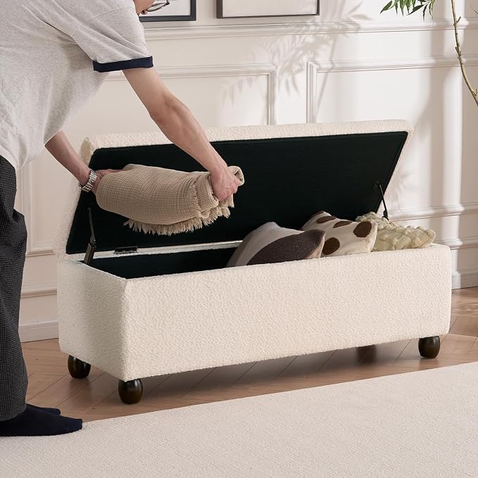 Boucle Storage Ottoman Bench, with Hidden Storage and Solid Wood Legs | Modern End of Bed Bench, Rectangle Footrest, Hidden Storage, Solid Wood Legs, Bedroom, Living Room and Entryway Use, Beige