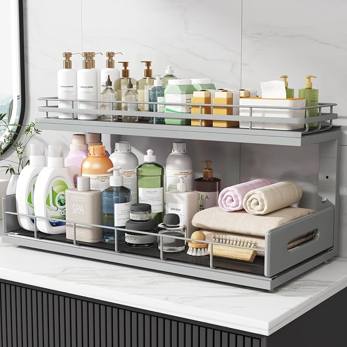 Under Sink Organizer Upgrade To Professional Rails,2-Tier Dual Pull Out Cabinet Storage,Height Adjustable Slide Out Drawers For Bathroom Kitchen,2 Pack-21"Dx12.8"-16.9"H,Gun Gray