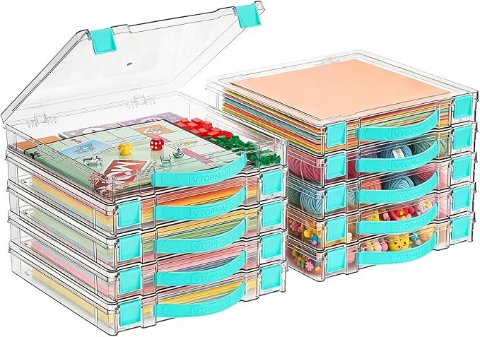 Vtopmart 10 Pack Board Game Storage with Handle and Snap-Tight Latch Lid | Clear Craft Organizer Fit 12" x 12" Papers, Stackable Storage Box for Scrapbook Storage, Art Supply Storage, Puzzle Storage