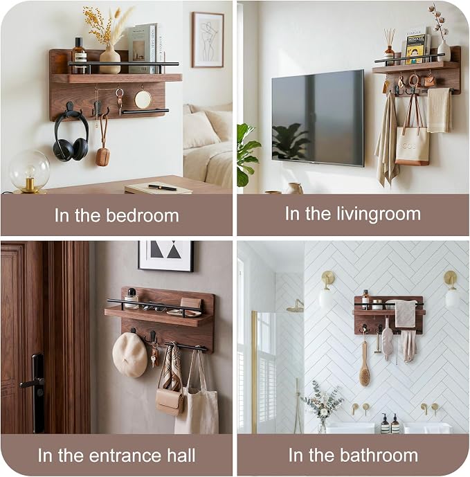 OurWarm Wall Mounted Key Holder/Hangers for Wall Decorative with 5 Key Hooks, Wooden Mail Rack Organizer with Shelf, Rustic Home Decor for Entryway Mudroom Hallway Office, Brown