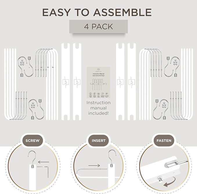 MORALVE Pants Hangers Space Saving - 4 Pack European Beechwood Scarf and Jean Hangers - Closet Organizer and Space Saver Pant Rack, Leggings Hanger, and Scarf Holder with 360° Swivel Hook