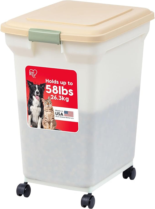 IRIS USA Dog Food Storage Container, Up to 58lbs, Almond/Pearl, Made in USA | Wheels for Mobility, Airtight Seal, BPA-Free, Best for Bird Seed, Cat food, Cat Litter, Chicken Feed, Pellets