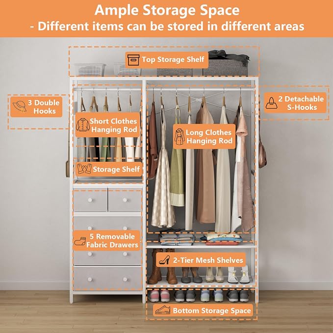 Freestanding Clothes Rack with 5 Drawers & 4 Storage Shelves,2 Hanging Rods | 59.1" W*70.9" H Heavy Duty Clothing Rack, Wardrobe Closet Organizer System with 5 Hooks, Garment Rack (White)
