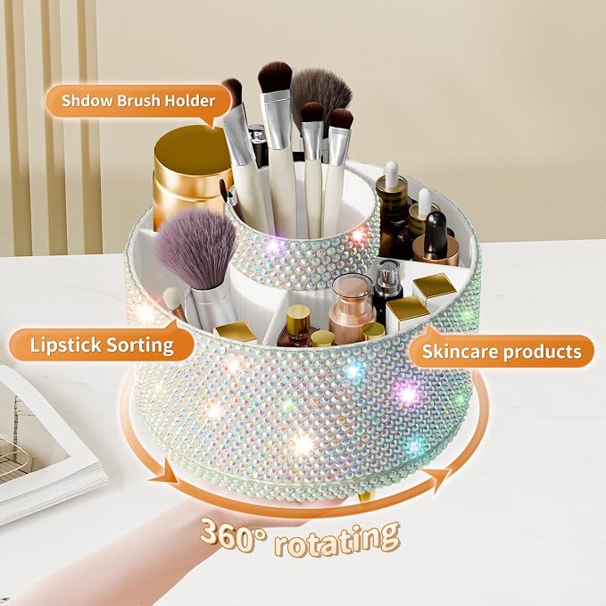 fanado Bling 360° Rotate Makeup Brush Holder Organizer, Makeup Organizers Countertop, Makeup organization and Skincare Storage for Vanity, Gift for Women Girls (Bling dz-White AB)
