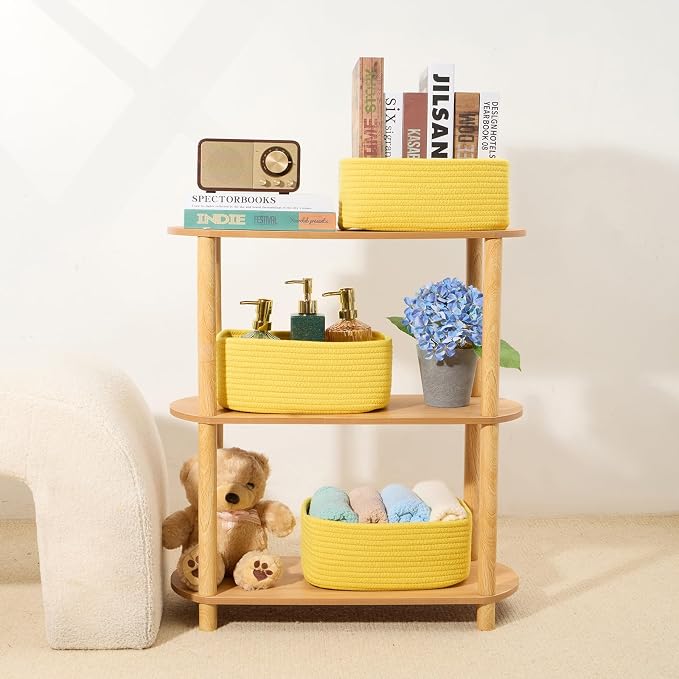 MiniArk Small Storage Baskets for Organizing | Closet Organizer Bins | Shelf Toy Basket | Woven Rope Baskets | Cube Decorative Box | Shallow Basket | 11.5x7.5x4.7” | 3 Packs Yellow