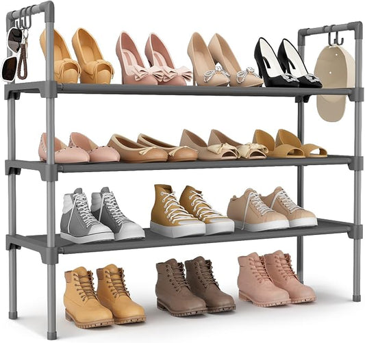 LANTEFUL 3 Tier Shoe Rack for Closet, Shoe Organizer with 5 Hooks, Long Shoe Shelf Storage for Shoe and Boot Stackable Free Standing Shoe Rack for Entryway, Garage, Small Spaces, Dorm, Grey