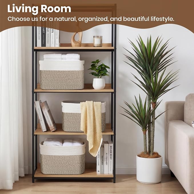Storage Baskets for Organizing, 14 x 10 x 9” Closet Shelf Woven Baskets, Square Bins with Handles, Cotton Rope Basket for Clothes, Office, Room, White+Rice Brown 1 Pack