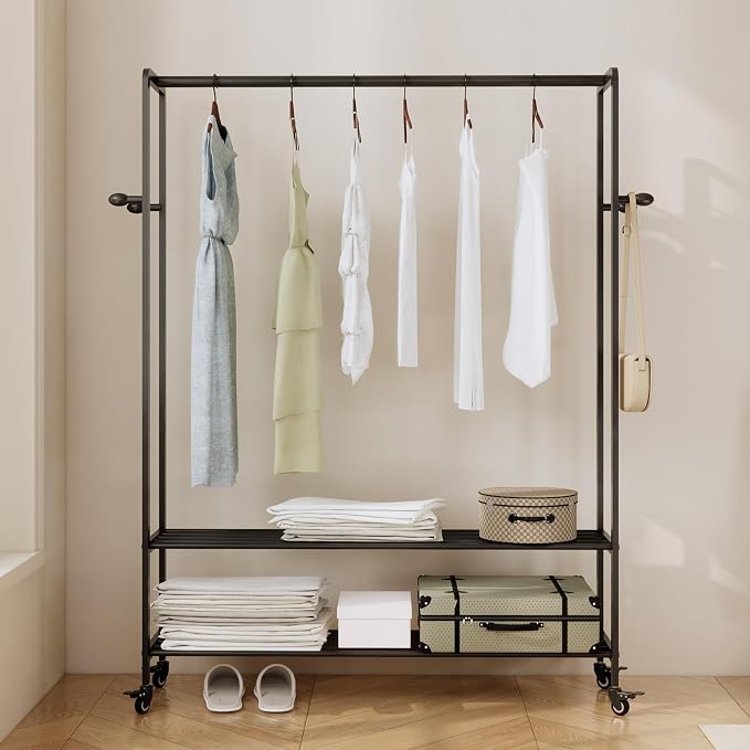 Black Rolling Garment Rack with Shelves and Hooks,Freestanding Metal Clothing Rack with Wheels,Modern Clothes Hanging Rack for Bedroom,Closet,Boutique Display