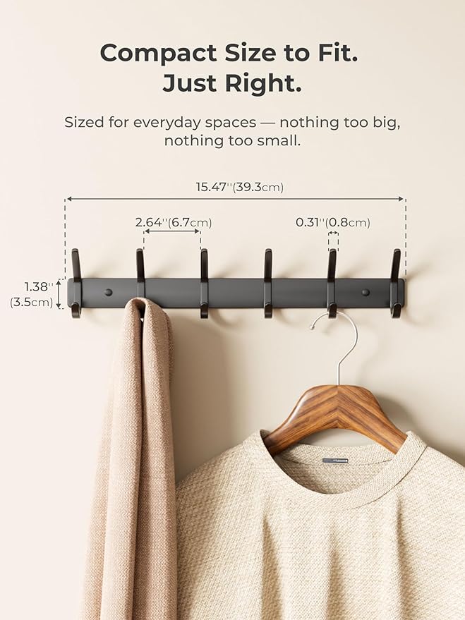 Coat Rack Wall Mount Hooks - 15 Inch Black Metal 6-Hook Rack(1 Pack) | Modern Kids Room, Entryway & Bathroom Hanger for Towels, Coats, Purses, Bags