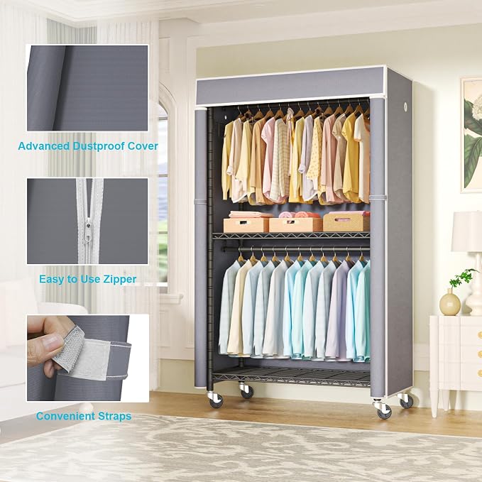 Black Clothing Rack with Grey Cover, P1C Rolling Closets with Wheels, Metal Garment Rack for Hanging Clothes, Clothing Storage Wardrobe, 36.2" W x 16.5" D x 80.5" H, Load 450 Pounds