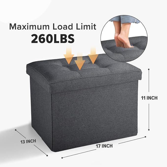 LINMAGCO Small Storage Ottoman Stool Foot Rest Stool Under Desk Stool Short Folding Ottoman Linen Cloth Dark Gray 17X13X13IN