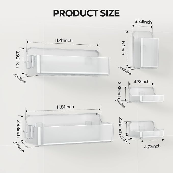 Nieifi Adhesive Shower Shelves, Clear, 5 Pieces | Rustproof ABS, Large Capacity, Removable Design, Easy-Clean, No Drilling Shower Organizer for Bathroom Storage & Home Decor