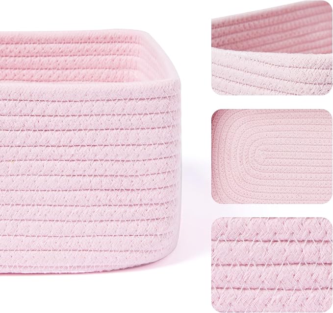 MiniArk Small Storage Baskets for Organizing | Closet Organizer Bins | Shelf Toy Basket | Woven Rope Baskets | Cube Decorative Box | Shallow Basket | 11.5x7.5x4.7” | 3 Packs Pink